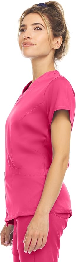 Medichic Eleanor V-Neck Top with Leah Elastic Waist Cargo Jogger Pants Scrub Set -Shocking Pink