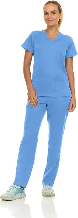 Medichic Eleanor V-Neck Top with Tall Joelle Elastic Drawstring Cargo Pants Scrub Set - Ceil Blue