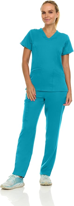 Medichic Eleanor V-Neck Top with Tall Joelle Elastic Drawstring Cargo Pants Scrub Set - Teal