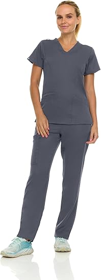 Medichic Eleanor V-Neck Top with Tall Joelle Elastic Drawstring Cargo Pants Scrub Set - Pewter Grey