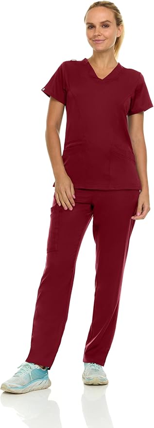 Medichic Eleanor V-Neck Top with Tall Joelle Elastic Drawstring Cargo Pants Scrub Set - Wine