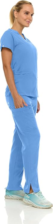 Medichic Eleanor V-Neck Top with Tall Joelle Elastic Drawstring Cargo Pants Scrub Set - Ceil Blue