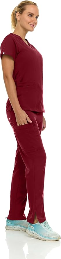Medichic Eleanor V-Neck Top with Tall Joelle Elastic Drawstring Cargo Pants Scrub Set - Wine