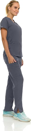 Medichic Eleanor V-Neck Top with Tall Joelle Elastic Drawstring Cargo Pants Scrub Set - Pewter Grey