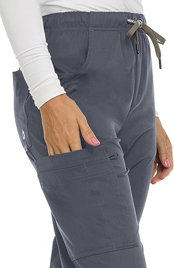 Medichic Eleanor V-Neck Top with Tall Joelle Elastic Drawstring Cargo Pants Scrub Set - Pewter Grey