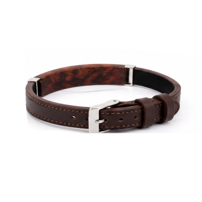 Men's Brown Leather Bracelet with Leopard Wood Inlay