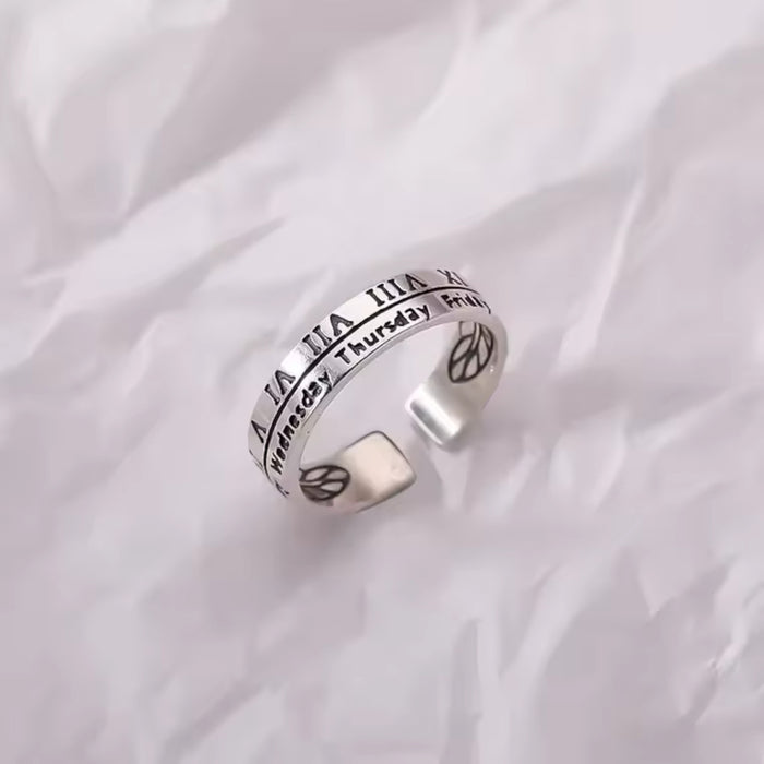 Men/Women Adjustable Silver Roman Numeral Open Cuff Finger Ring w/ Engraved Days