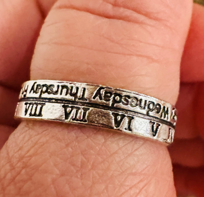 Men/Women Adjustable Silver Roman Numeral Open Cuff Finger Ring w/ Engraved Days