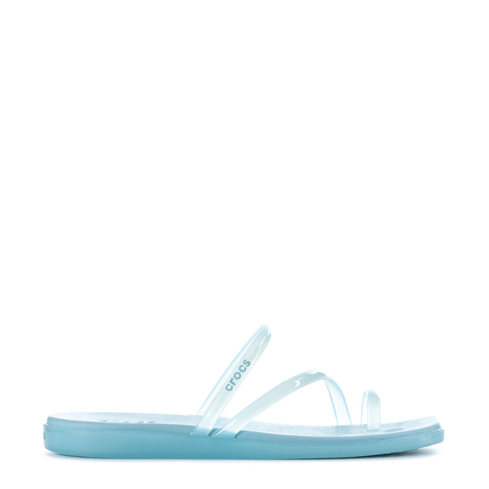 Sky blue toe-loop slide sandals with clear cross straps and cushioned footbed