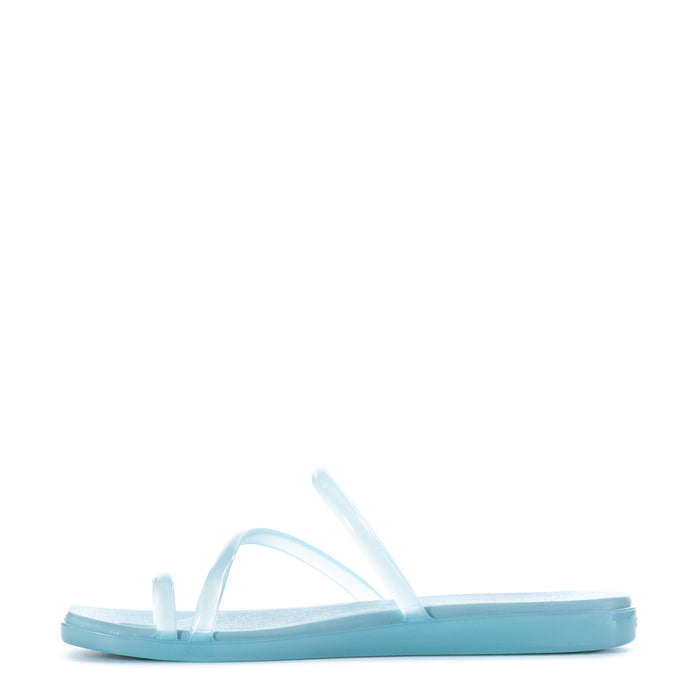 Sky blue toe-loop slide sandals with slim clear straps and contoured footbed