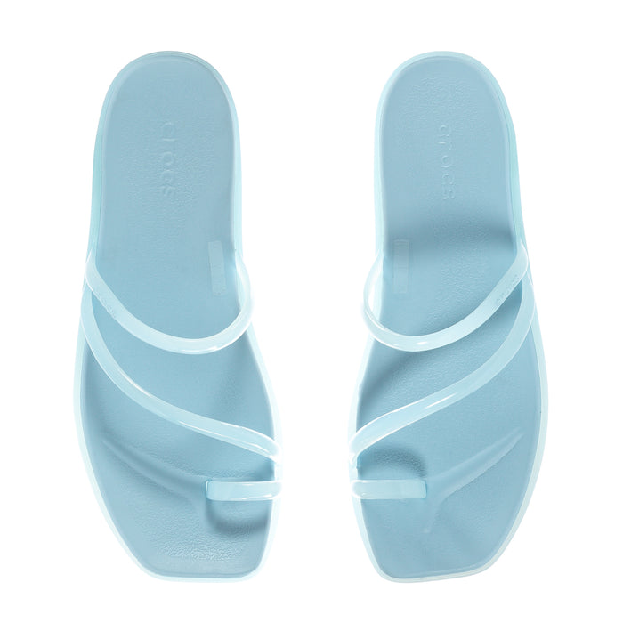 Sky blue toe-loop slide sandals, front view with clear cross-strap details