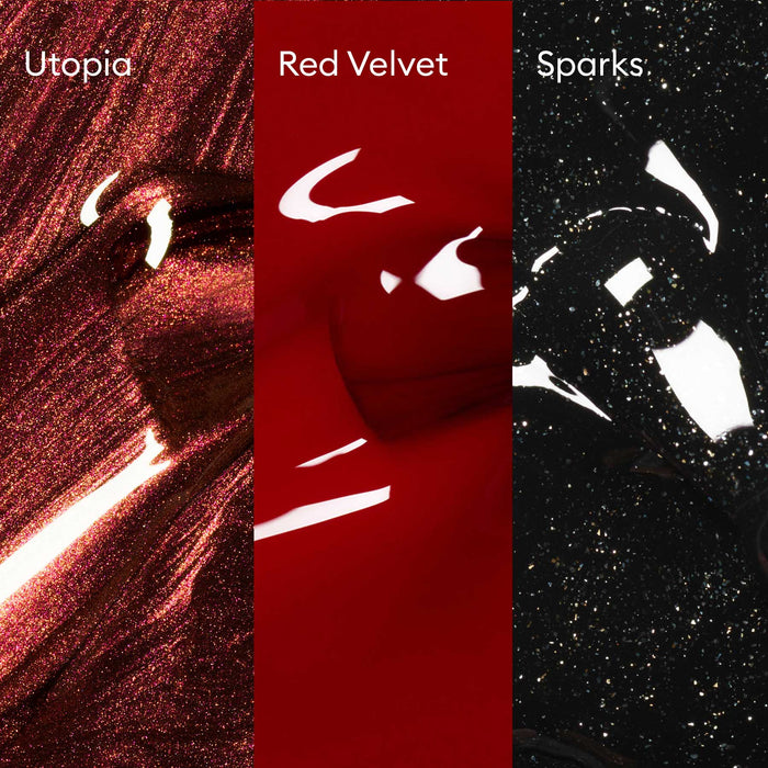 Close-up of three Manucurist-test Midnight Glam Trio + Glitter Set nail polish textures—shimmery burgundy, glossy red, and sparkly black with biodegradable glitter—each shown in a separate vertical panel.