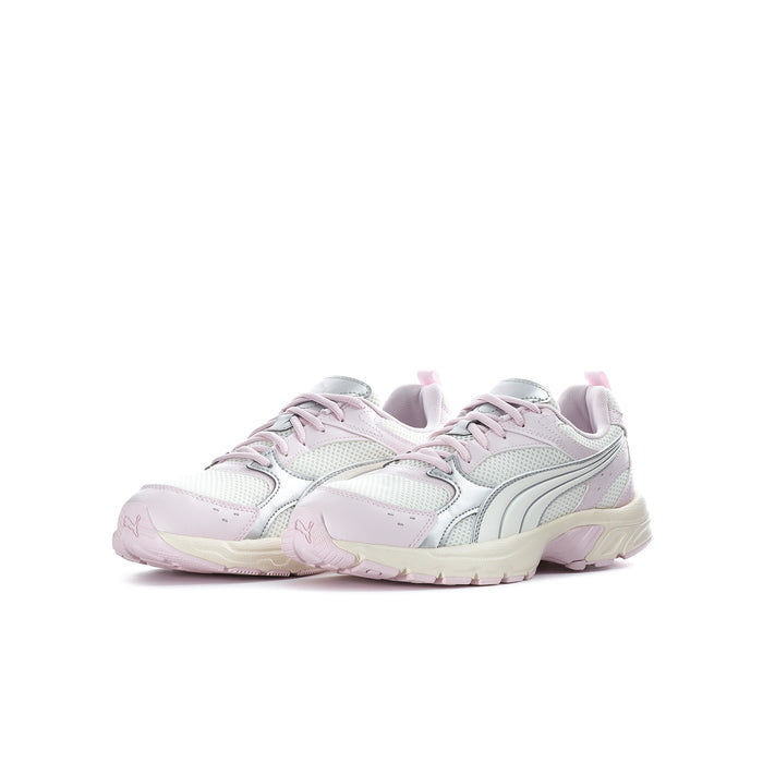 Youth lace-up sneakers in cream, silver-gray, and pastel pink; side and toe view