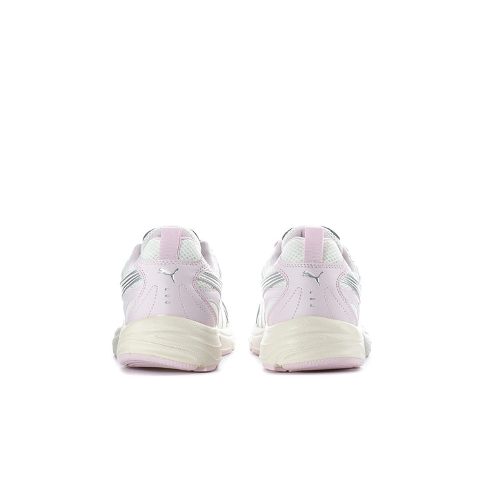 Youth sneakers in cream and pastel pink from heel view with branded back logo