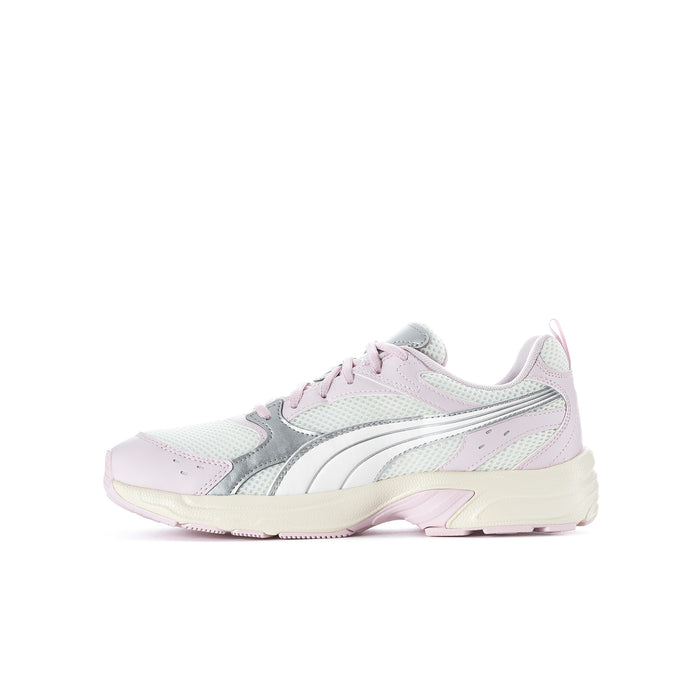 Youth low-top sneakers in cream, silver-gray, and pastel pink; side profile