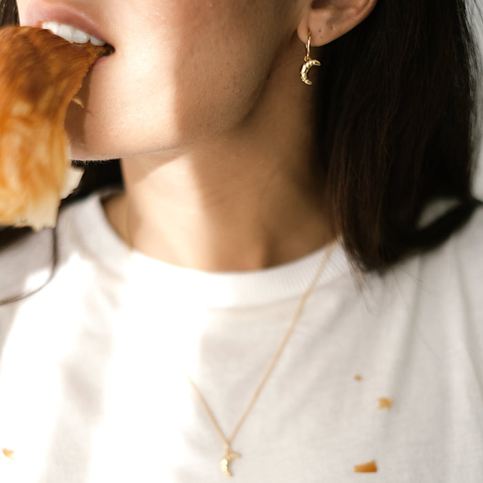 Mini Croissant and Necklace set made from Recycled Sterling Silver & 18kt Godl vermeil. Designed in collaboration with ACME BAKEHOUSE in Canggu, Bali