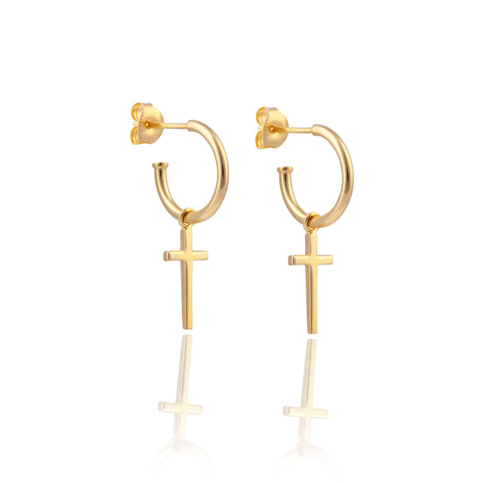 Mini Madonna Cross Charm Hoops - Gold