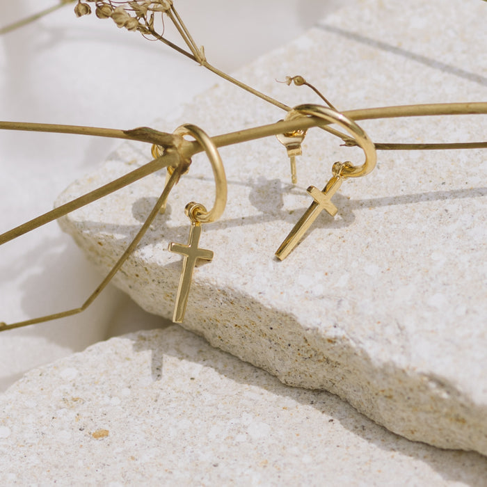 Mini Madonna Cross Charm Hoops - Gold