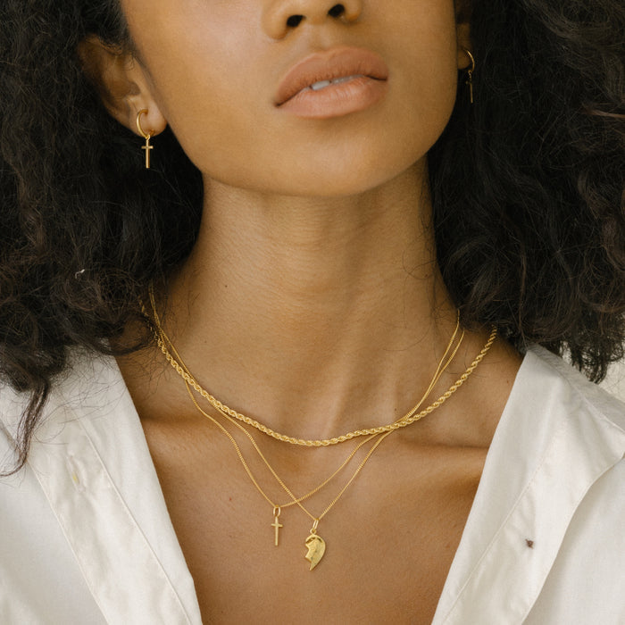 Mini Madonna Cross Charm Hoops - Gold Refined metal