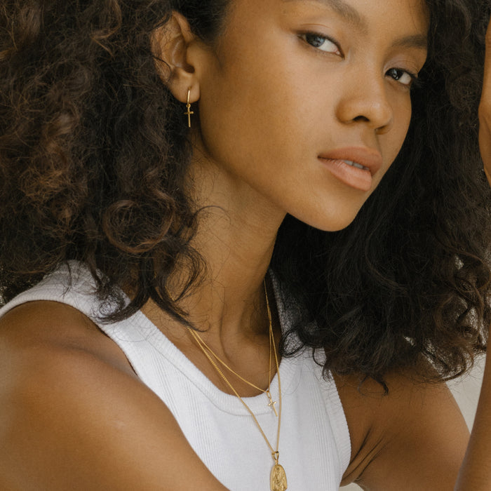 Mini Madonna Cross Charm Hoops - Gold Refined metal