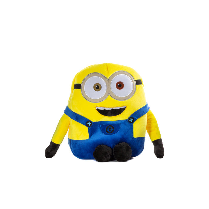 Minions plush backpack, yellow and blue character front with round goggles and smile
