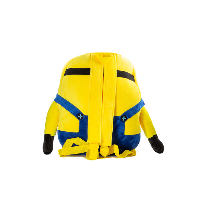 Minions plush backpack, yellow back with blue overalls stripes and hanging shoulder straps