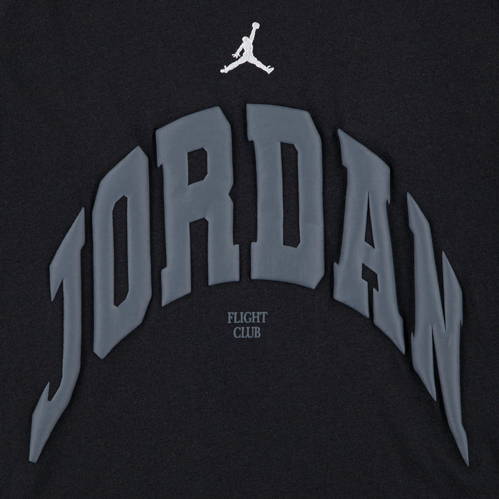 Youth black T-shirt with large Jordan Flight Club print in gray and white