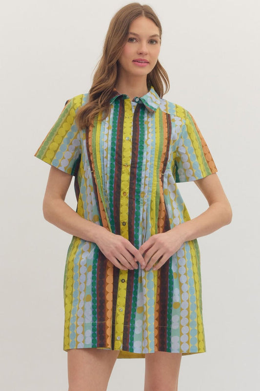 Entro Mod Dots Dress featuring a stylish dotted pattern, sleeveless design, and a flattering fit for casual or dressy occasions.