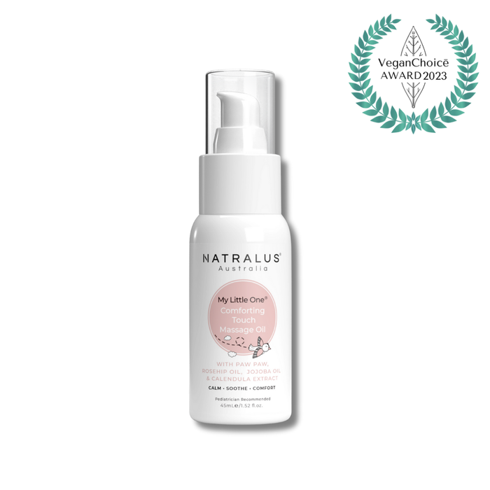 Gentle baby massage oil – nourishes delicate skin, promotes relaxation & bonding, safe for mums during pregnancy too.