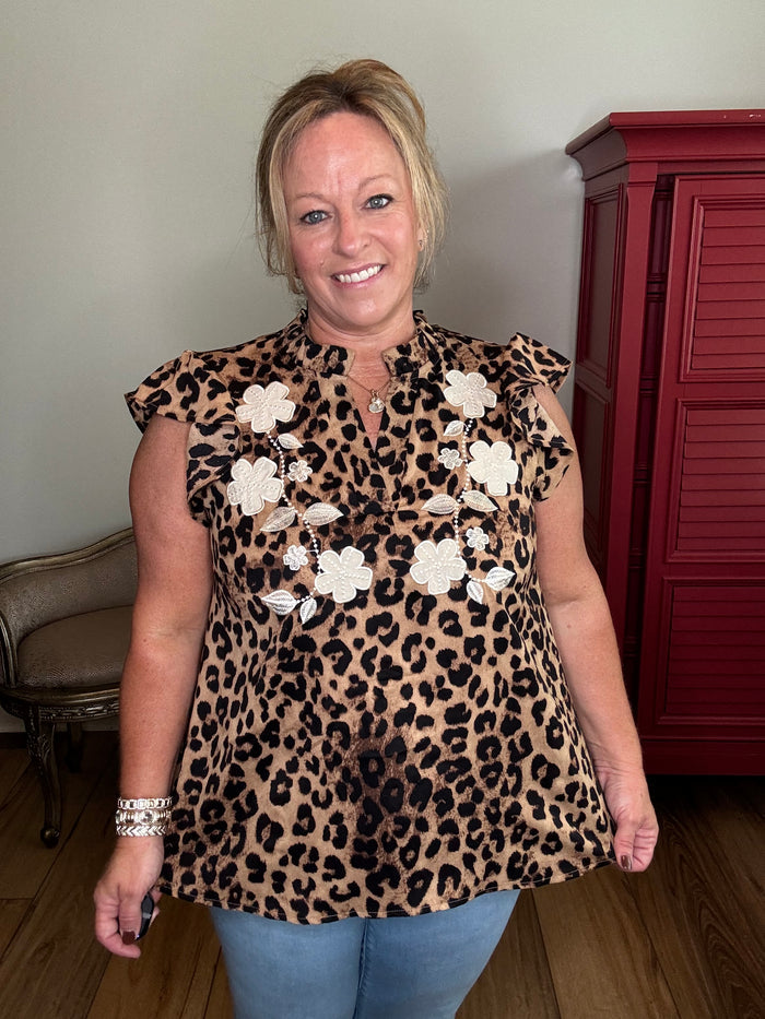 Oddi Leopard Floral  Applique Top