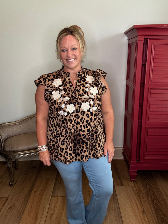 Oddi Leopard Floral  Applique Top