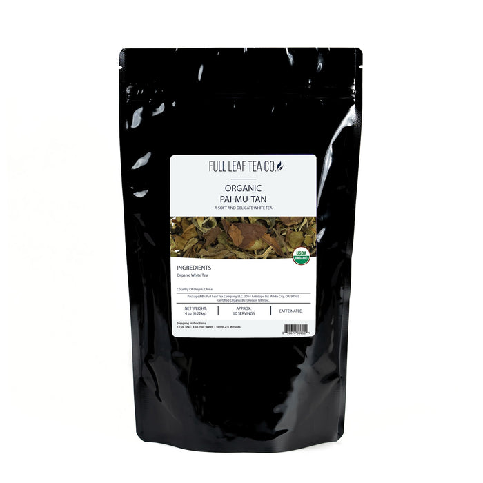 A 4oz bag of Full Leaf Tea Company Organic Pai-Mu-Tan Loose Leaf Tea.