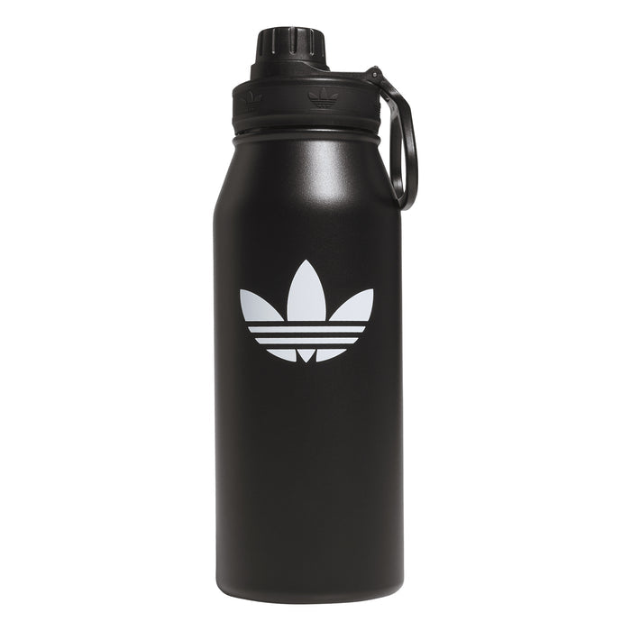 1L stainless steel bottle, matte black with white trefoil logo and carry handle