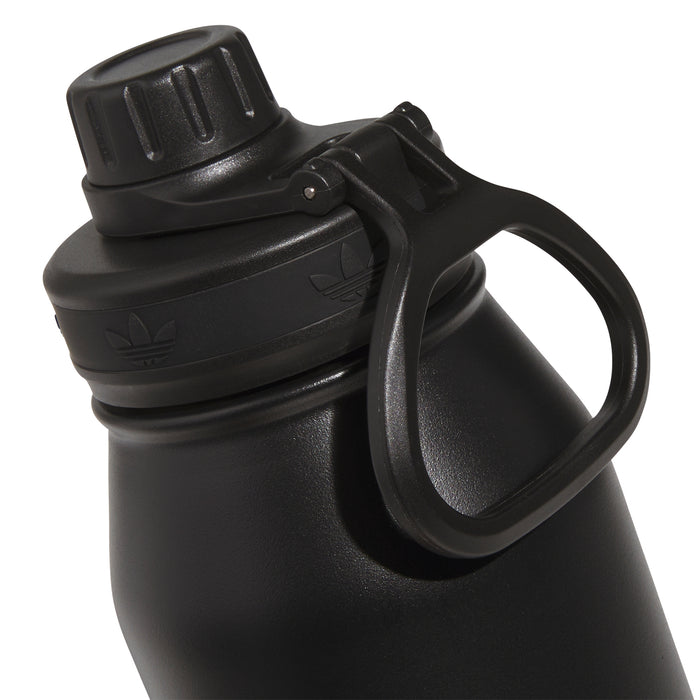 Matte black 1L bottle with screw cap and loop handle, side view