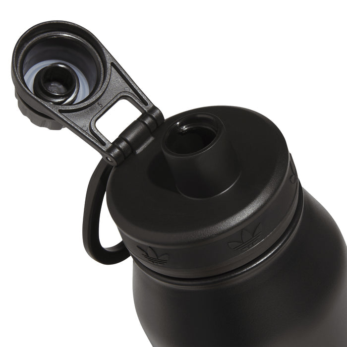 Black 1L bottle lid with drinking spout and loop handle, top view