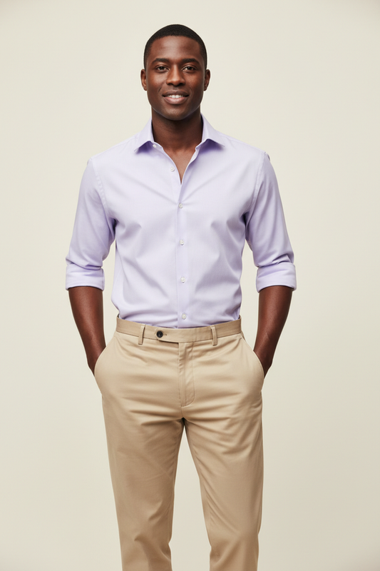Full length model wearing Monza Lavender Dress Shirt and Khaki Beige Pants on cream background
