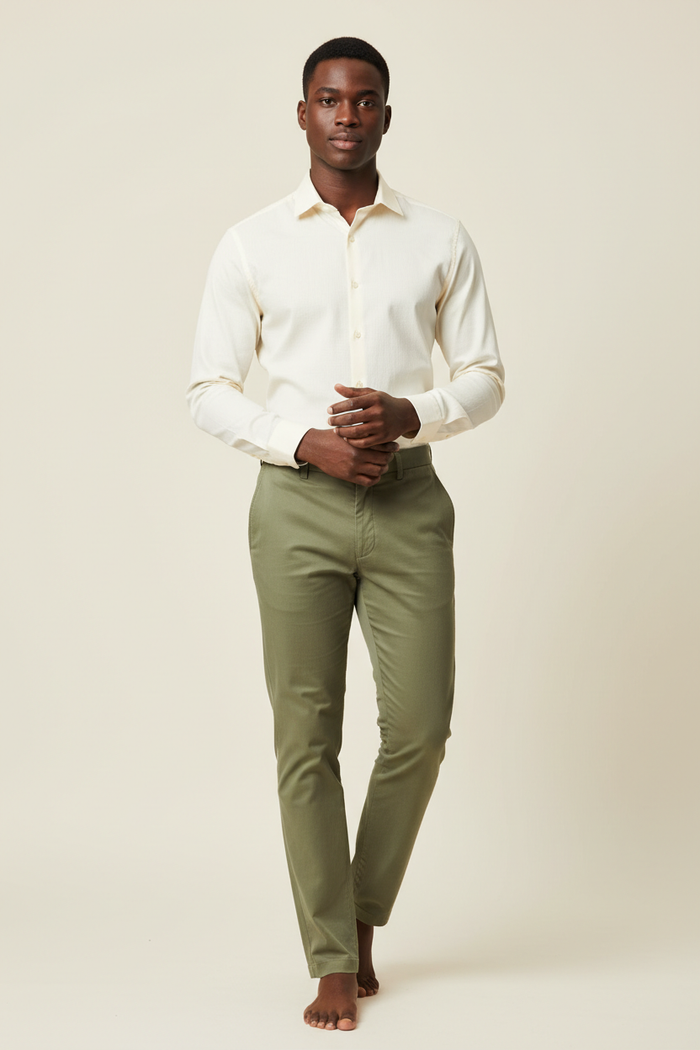 Full length model wearing Verso Cream Dress Shirt and Khaki Olive Green Pants on cream background