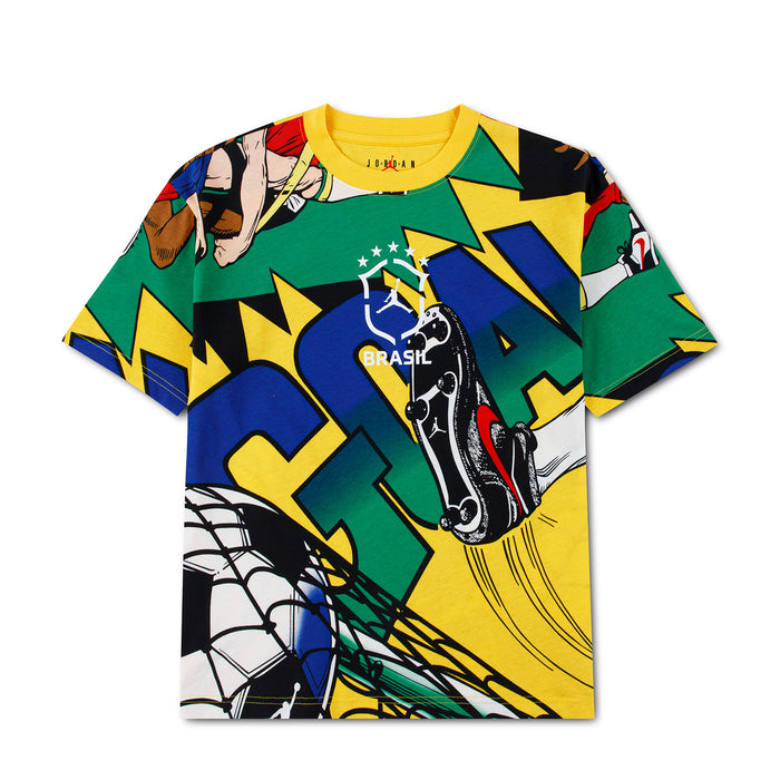 Youth goalie T-shirt with bold green, blue, and yellow abstract graphic