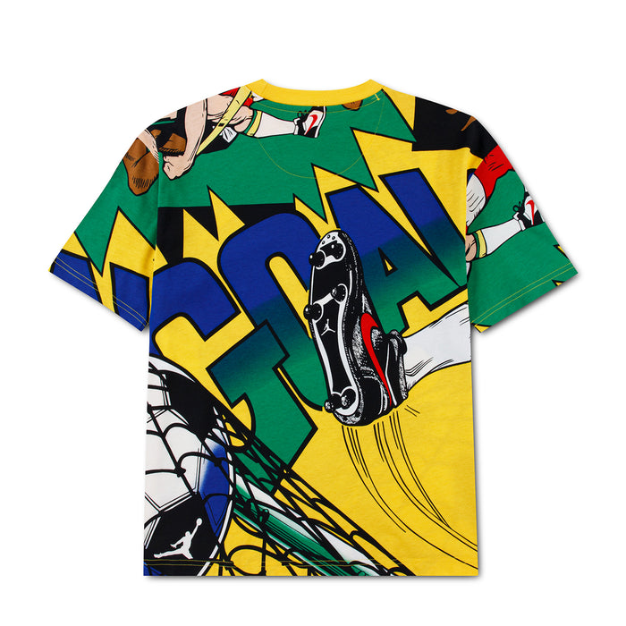 Youth goalie T-shirt front view with green, blue, and yellow sports graphic