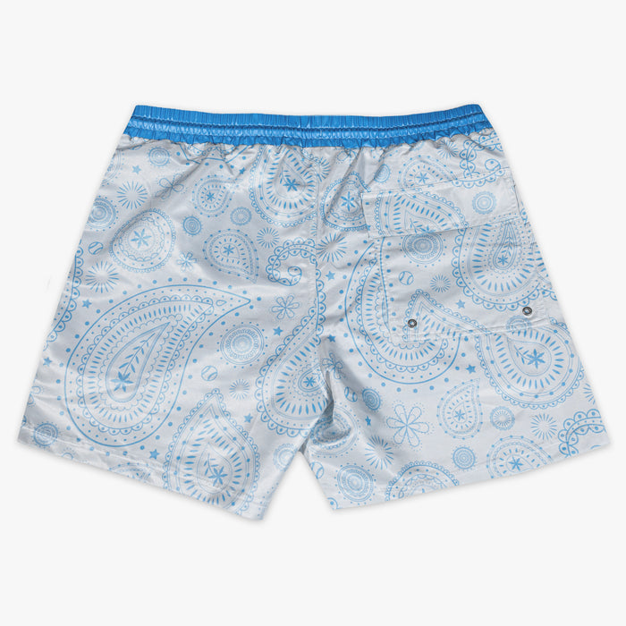 BL101 white and light blue baseball paisley swim shorts on a white background