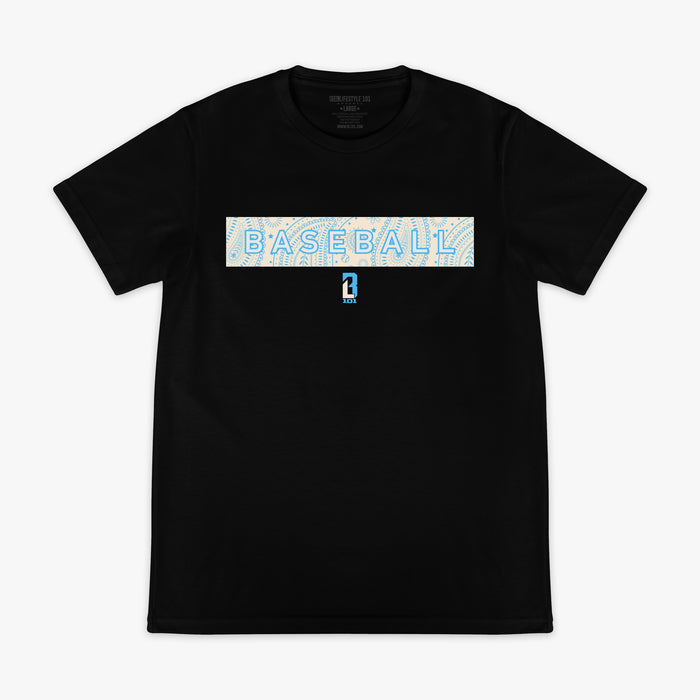 Black and bone and light blue Paisley graphic tee — front view