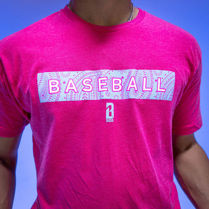 Adult model wearing pink Paisley Cotton Candy Pink graphic tee