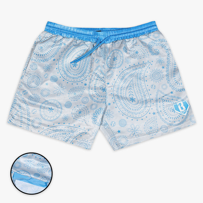 BL101 white and light blue baseball paisley swim shorts on a white background
