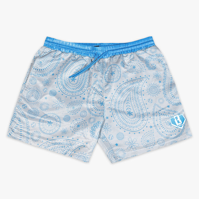 BL101 white and light blue baseball paisley swim shorts on a white background