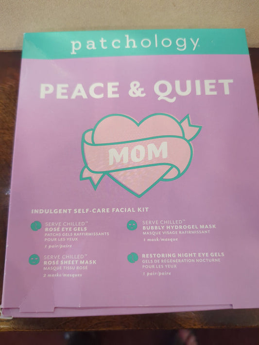 Patchology Peace & Quiet Kit with face masks, featuring soothing skincare products for relaxation and skin rejuvenation.