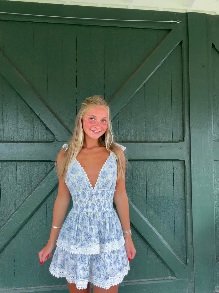 Penelope Ditsy Eyelet Tie Strap Layered Lace Mini Dress - Blue Fire