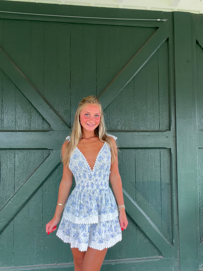Penelope Ditsy Eyelet Tie Strap Layered Lace Mini Dress - Blue Fire