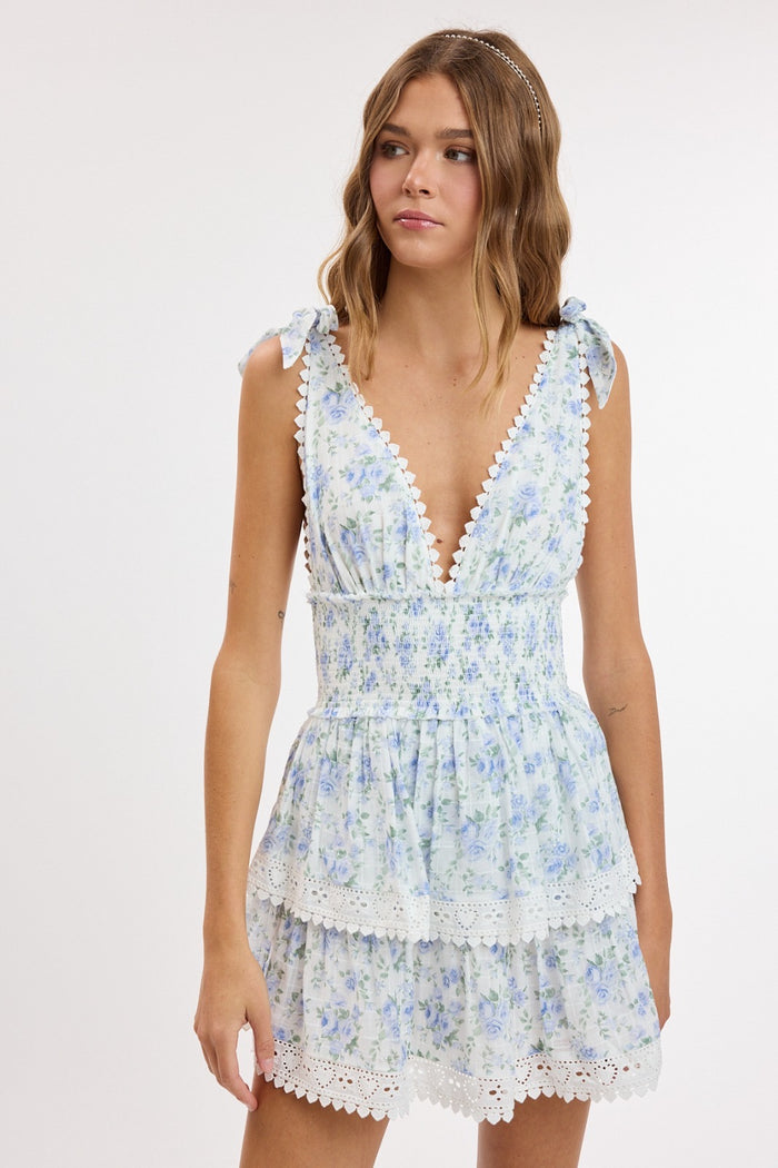 Penelope Ditsy Eyelet Tie Strap Layered Lace Mini Dress - Blue Fire