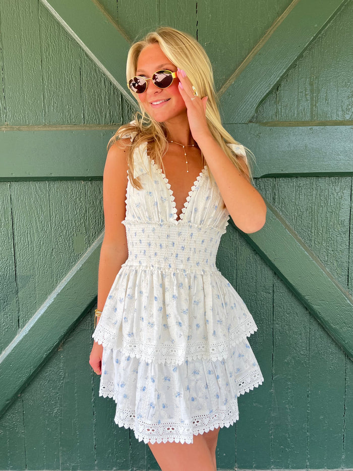 Penelope Ditsy Eyelet Tie Strap Layered Lace Mini Dress