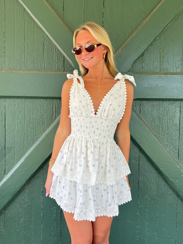 Penelope Ditsy Eyelet Tie Strap Layered Lace Mini Dress